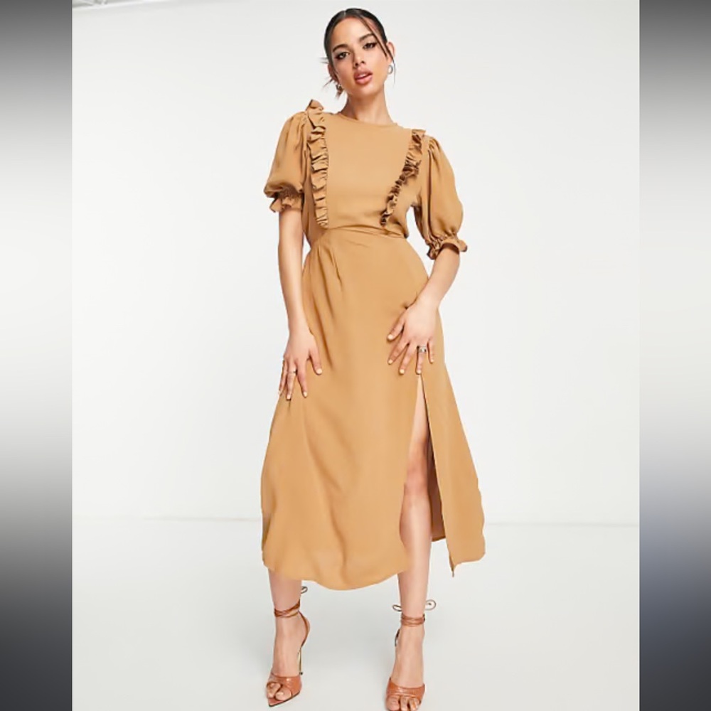 AX Paris Brown Ruffled Maxi Dress with Bishop Sleeves